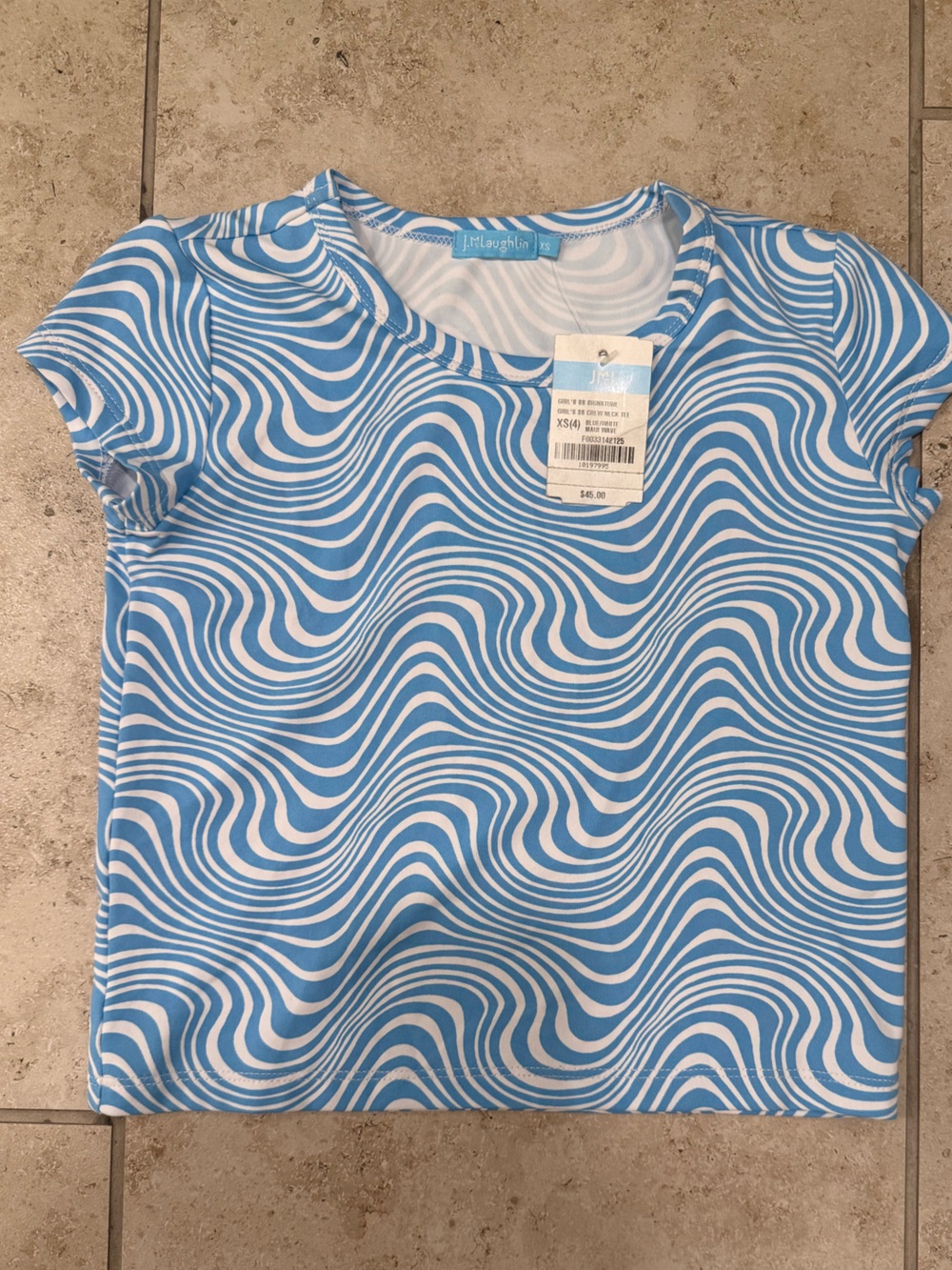 J. McLaughlin Girls Signature Crew Neck Tee Blue White Wave Print Size 4 NWT